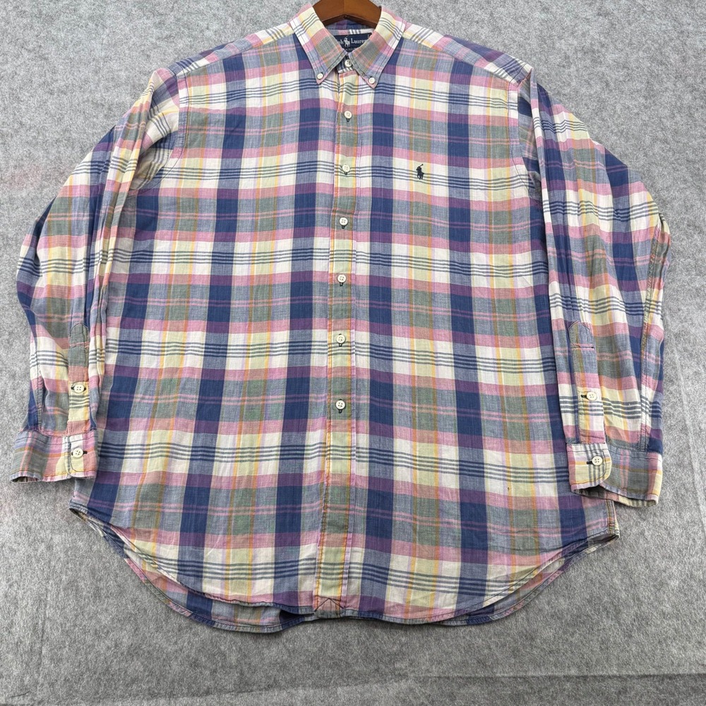 Polo Ralph Lauren Mens Large Plaid Button Down Shirt Multi Color Cotton Pony